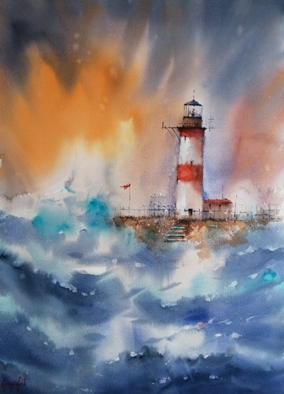 Stürmische Leuchtturm-Meereslandschaft von Giorgio Gosti