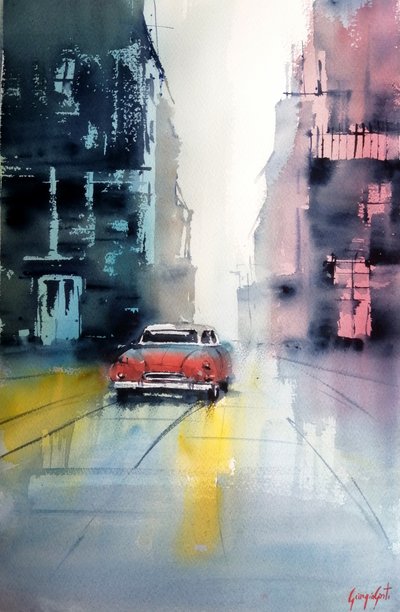 Vintage Auto in regnerischer Stadt von Giorgio Gosti