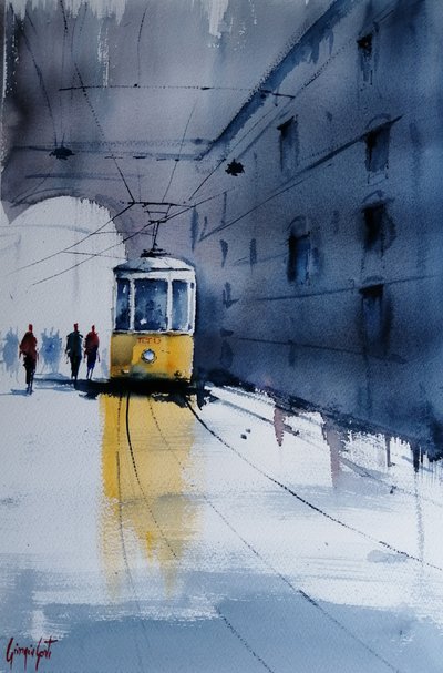 Gelbe Straßenbahn Stadtregen von Giorgio Gosti