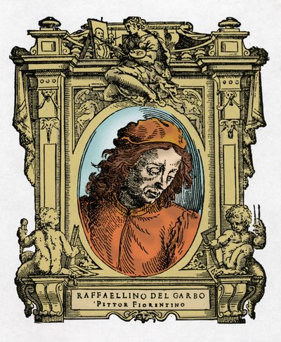 Porträt von Raffaellino del Garbo (Raffaellino de Carli) (1466-1525) italienischer Maler. Gravur aus dem Werk "Lebensläufe der ausgezeichnetsten Maler, Bildhauer und Architekten" (Le Vite de