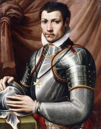 Porträt eines Ritters von Malta, Halbfigur, in Rüstung, einen Helm auf einem Tisch haltend, ein Vorhang dahinter von Giorgio Vasari