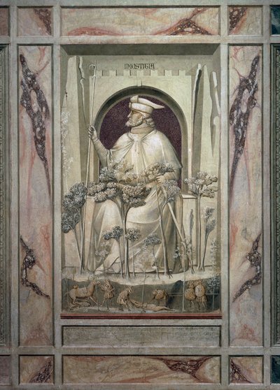 Die Ungerechtigkeit, ein alter Mann hält ein Schwert in den Händen, während vor ihm die Bäume des Bösen wachsen, von Giotto, Detail aus dem Freskenzyklus Die Laster und Tugenden, nach der Restaurierung 2002, Scrovegni-Kapelle, Padua, Venetien, Italien von Giotto (c.1266 1337)