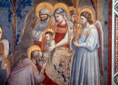 Die Anbetung der Heiligen Drei Könige. Detail zeigt den Magier, der vor Jesus in den Armen von Maria zwischen dem Engel und dem Heiligen Josef niederkniet (Fresko) von Giotto (c.1266 1337)