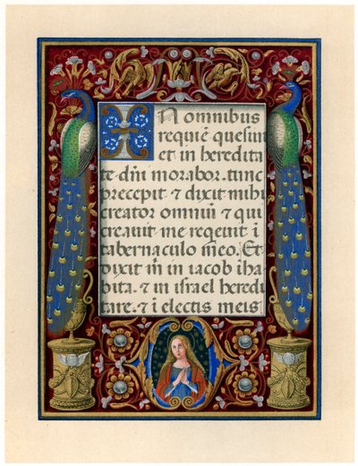 Textseite mit der Jungfrau und zwei Pfauen, ca. 1490 von Giovan Pietro Birago