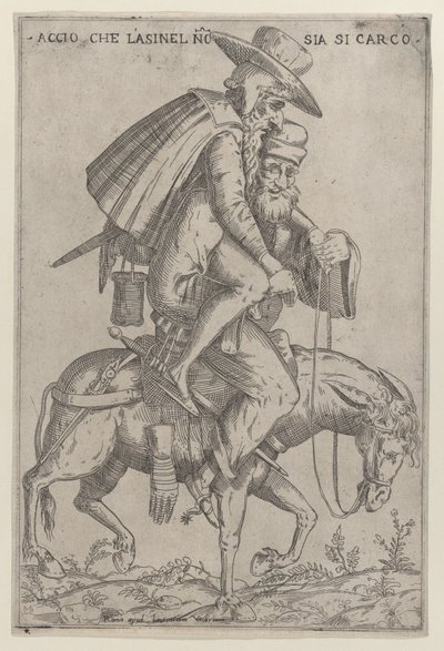 Karikatur mit zwei Männern auf einem Maultier von Giovanni Ambrogio Brambilla