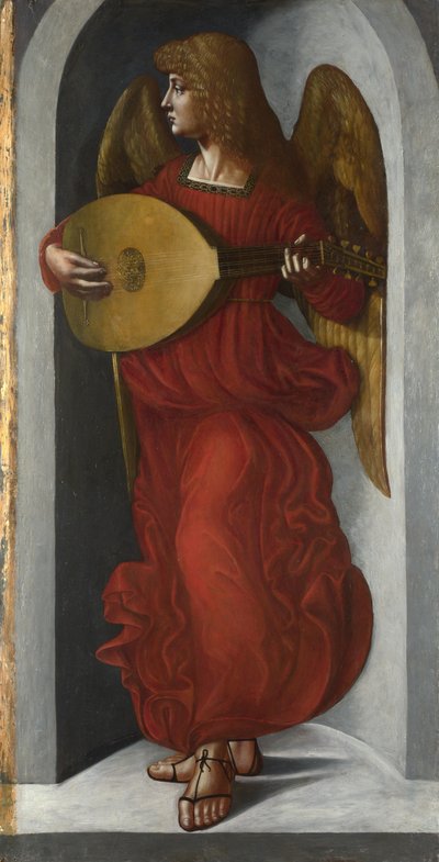 Ein Engel in Rot mit einer Laute, um 1490-1499 von Giovanni Ambrogio de Predis