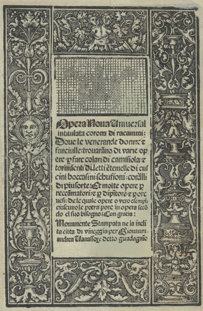 Opera Nova Universali intitulata Corona di racammi, Titelblatt recto, [1530] von Giovanni Andrea Vavassore