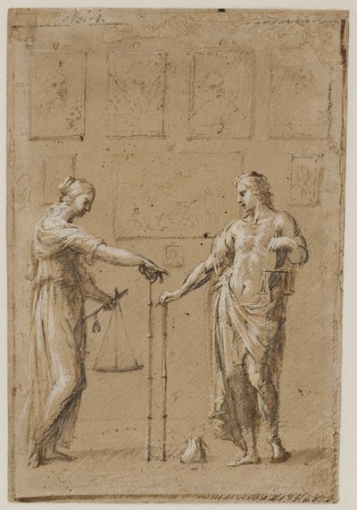 Ein Mann und eine Frau in antiken Kostümen, jeder mit Waage und Lineal, vor einer Wand mit Gemälden. Eine Geldbörse auf dem Boden vor dem Mann von Giovanni Angelo Canini