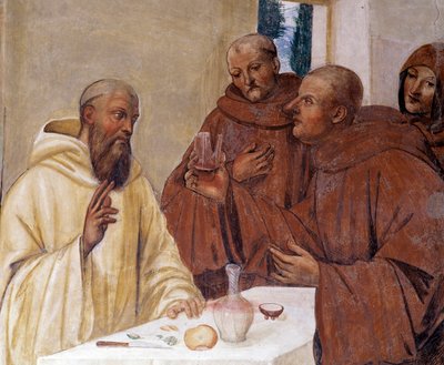 Benedikt zerbricht ein Glas vergifteten Weins, indem er das Kreuzzeichen macht (Detail). Kreuzgangfresko von Antonio Bazzi, genannt Il Sodoma (1477 - 1549), das das Leben des Heiligen Benedikt von Nursia (480 - 567), Gründer des Benediktinerordens, erzählt von Giovanni Antonio Bazzi Sodoma
