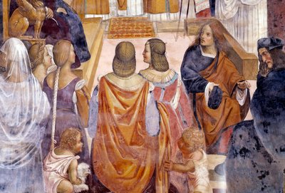 Benedikt exkommuniziert zwei Nonnen und absolviert sie nach ihrem Tod (Detail). Kreuzgangfresko von Antonio Bazzi, genannt Il Sodoma (1477 - 1549), das das Leben des Heiligen Benedikt von Nursia (480 - 567), Gründer des Benediktinerordens, erzählt. 1503 -  von Giovanni Antonio Bazzi Sodoma