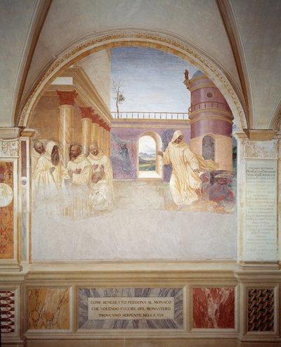 Benedikt vergibt dem Mönch, der versuchte, aus dem Kloster zu fliehen und auf seinem Weg eine Schlange fand von Giovanni Antonio Bazzi Sodoma