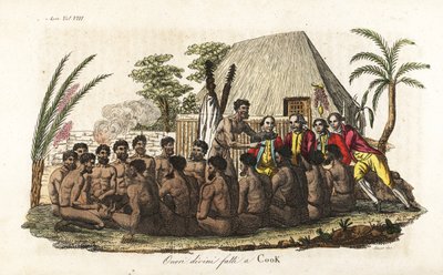 Hawaiianische Eingeborene bieten Captain James Cook ein Opferferkel vor 12 Priestern und einem Holzidol im heiligen Orono-Haus an. Handkolorierte Kupferstichgravur von Sasso nach John Webber aus Giulio Ferrarios 