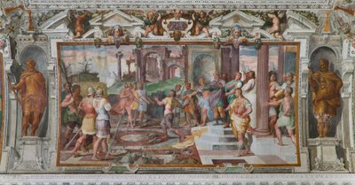Geschichten von Odysseus: Detail des Spiels des Steinewerfens am Hof der Phäaken, ca. 1560 (Detail) von Giovanni Battista Castello
