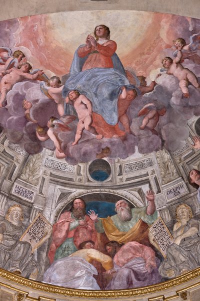 Genua, Duomo (St. Laurentius-Kathedrale), innen, Die Lercari-Kapelle oder Die Kapelle des Allerheiligsten Sakraments (nördliche Apsis), Apsis: "Mariä Himmelfahrt", Fresko von Giovanni Battista Castello, bekannt als Bergamasco von Giovanni Battista Castello