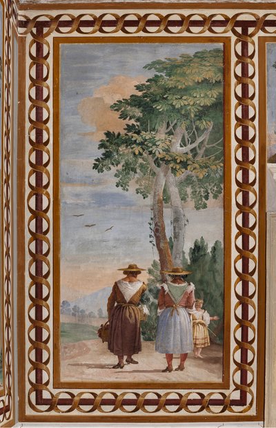 Gästeunterkünfte, Raum der ländlichen Szenen: "Landschaft mit Bauern" von Giovanni Battista Tiepolo
