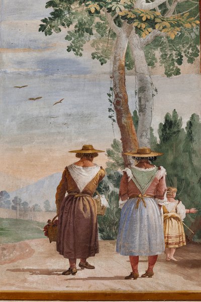 Gästeunterkünfte, Raum der ländlichen Szenen: "Landschaft mit Bauern" (Detail) von Giovanni Battista Tiepolo