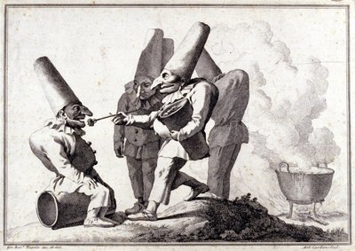 Die Gruppe von Pulcinella (italienischer Polichinelle). Zeichnung in Feder und Waschung auf Bleistiftmarkierung von Giovanni Battista (Giambattista) Tiepolo (1696-1770) von Giovanni Battista Tiepolo
