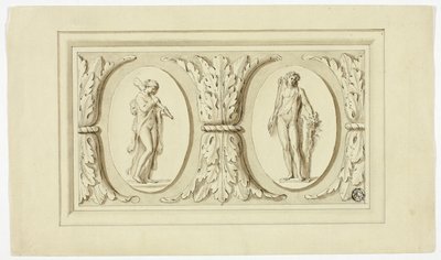 Zwei Medaillons mit stehenden Figuren von Omphale und Bacchus, getrennt durch ein Design aus Akanthusblättern von Giovanni Battista Cipriani
