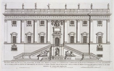 Ansicht der Fassade des Palazzo Senatorio auf der Piazza del Campidoglio, Rom, begonnen von Michelangelo Buonarroti und vollendet von Girolamo Rainaldi von Giovanni Battista Falda