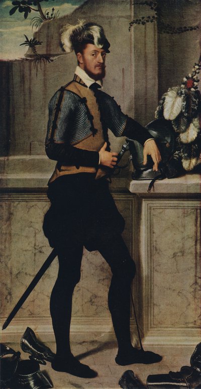 Ein Ritter mit seinem Turnierhelm, 1554-1558 von Giovanni Battista Moroni
