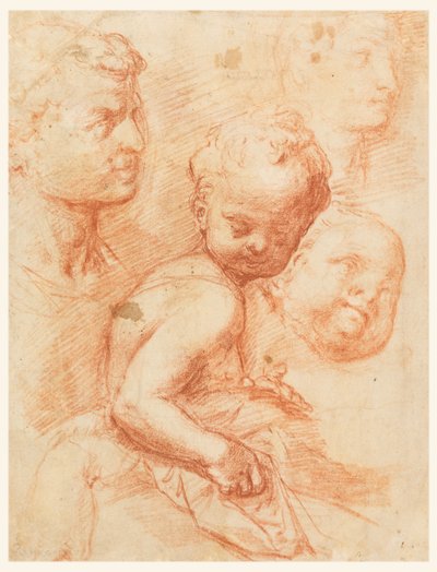 Studie von Männer-, Frauen- und Kinderköpfen, sitzendes Kind, ca. 1570 von Giovanni Battista Naldini