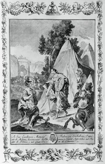 Kreuzfahrer bei der Belagerung von Jerusalem, Stich von Giovanni Battista Piazzetta (1683-1754) für Canto III von Jerusalem Delivered, von Torquato Tasso (1544-1595), veröffentlicht von Giovanni Battista Albrizzi, Venedig, Italien von Giovanni Battista Piazzetta