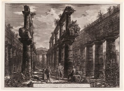 A., B. Ansicht der Überreste der beiden Säulenreihen im Tempel des Neptun, die ursprünglich die Kolonnaden entlang der Seiten der Cella bildeten und den obersten Teil des Daches stützten, aus Verschiedene Ansichten von Paestum von Giovanni Battista Piranesi