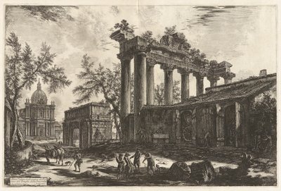 Altra Veduta degli avanzi del Pronao del Tempio del Concordia (Eine andere Ansicht der Überreste des Pronaos des Tempels der Concordia [des Tempels des Saturn mit dem Bogen des Septimius Severus im linken Hintergrund]), aus Vedute di Roma (Ansichten von Ro von Giovanni Battista Piranesi