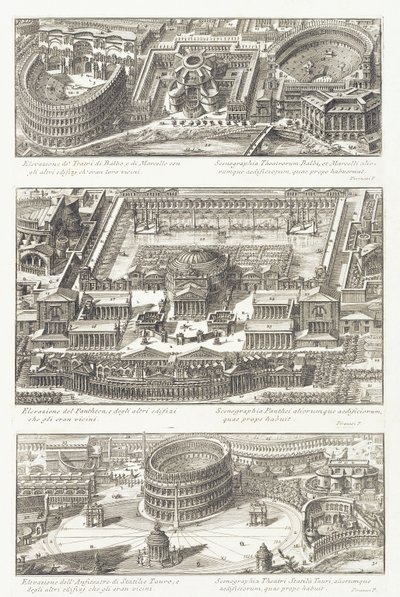 Vogelperspektiven: die Balbo- und Marcello-Theater, das Pantheon und die Umgebung, und das Statilio Tauro Amphitheater von Giovanni Battista Piranesi