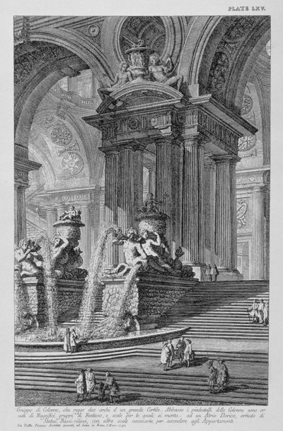Tafel LXV Architektonische Capriccio einer monumentalen Gruppe von Säulen, die zwei Bögen eines großen Hofes mit prächtigen Brunnen tragen, verziert mit Statuen und Basreliefs, datiert 1743 aus Vedute von Giovanni Battista Piranesi