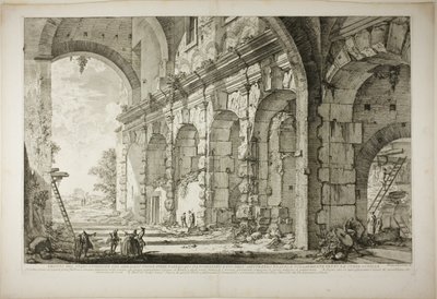 Ansicht des oberen Stockwerks der Käfige für wilde Tiere, gebaut von Kaiser Domitian, verbunden mit dem Flavischen Amphitheater und allgemein Curia Hostilia genannt, aus Ansichten von Rom von Giovanni Battista Piranesi