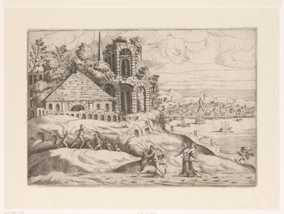 Landschaft mit antiken Ruinen und dem Koloss von Rhodos von Giovanni Battista Pittoni (I)