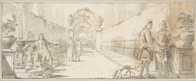 Illustration für ein Buch: Figuren im Gespräch in einem Garten von Giovanni Battista Tiepolo