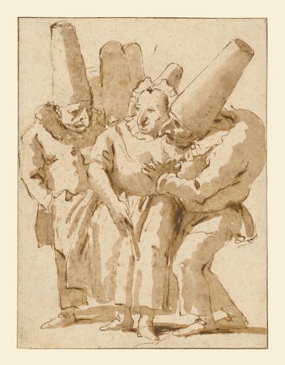 Punchinellos nähern sich einer Frau von Giovanni Battista Tiepolo