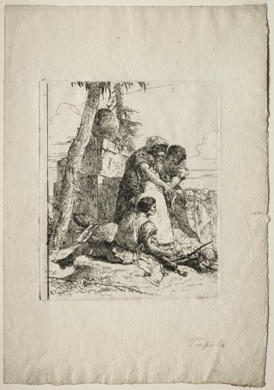 Scherzi di Fantasia: Magier zeigt zwei Jugendlichen einen brennenden Kopf, 1750er Jahre von Giovanni Battista Tiepolo