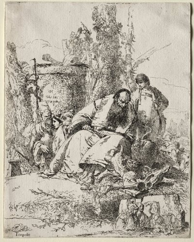 Scherzi di Fantasia: Sitzender Magier, Junge und vier Figuren von Giovanni Battista Tiepolo