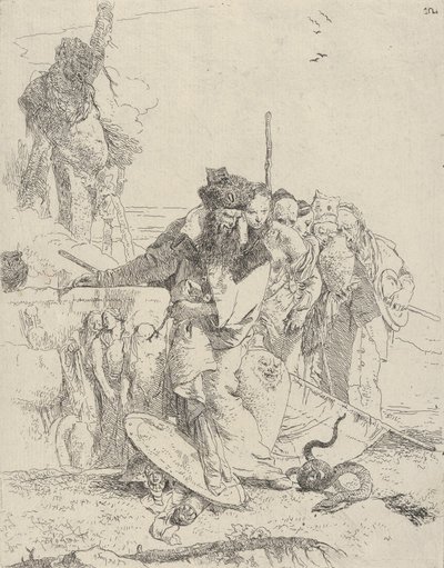 Sechs Personen beobachten eine Schlange, aus den Scherzi von Giovanni Battista Tiepolo