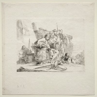 Verschiedene Launen: Der junge Mann sitzt und lehnt sich an eine Urne von Giovanni Battista Tiepolo