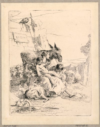 Frau mit zwei Kindern und einem Esel, Platte 21 aus den Scherzi di Fantasia von Giovanni Battista Tiepolo
