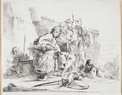 Junger Mann sitzt, lehnt an einer Urne, Platte aus Vari Capricci, 1740er Jahre von Giovanni Battista Tiepolo