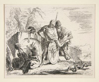 Junger Soldat mit Philosoph und sitzender Frau, aus der Serie Vari Capricci von Giovanni Battista Tiepolo