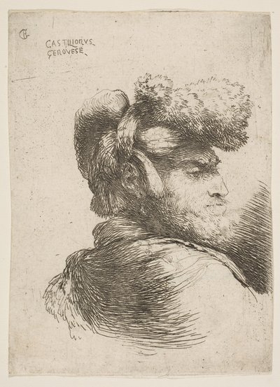 Mann im Profil nach rechts, mit Pelzmütze, aus der Serie der kleinen Köpfe, ca. 1645-1650 von Giovanni Benedetto Castiglione