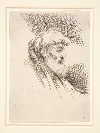 Alter Mann mit langem Bart, im Profil, nach rechts gewandt, aus der Serie „Les petites têtes d