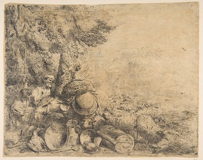 Zwei Hirten, ein Esel und andere Tiere in einer Landschaft, ca. 1638-1640 von Giovanni Benedetto Castiglione