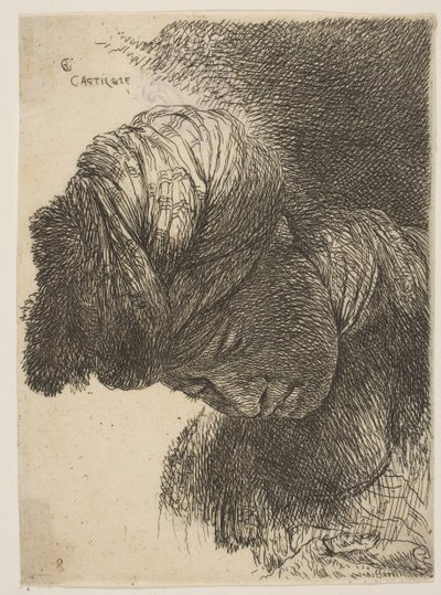 Junger Mann mit gesenktem Kopf, trägt einen Turban, nach links gewandt, aus der Serie von Giovanni Benedetto Castiglione