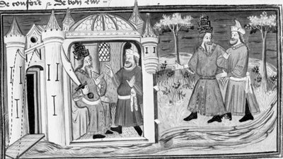 Decameron, Melchisedech erzählt Saladin das Gleichnis von den drei Ringen; die beiden Männer werden Freunde. Erster Tag, Geschichte 3. von Giovanni Boccaccio