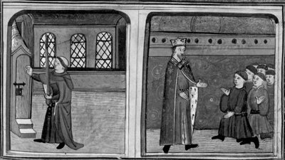 Dekameron, Ein Stallknecht klopft als König verkleidet an die Tür der Königin; der König konfrontiert seine Diener. Dritter Tag, Novelle 2. von Giovanni Boccaccio