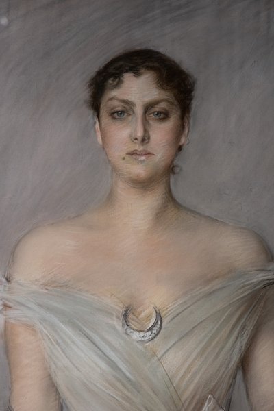 Porträt einer Dame in Weiß mit Handschuhen und Fächer (Detail) von Giovanni Boldini