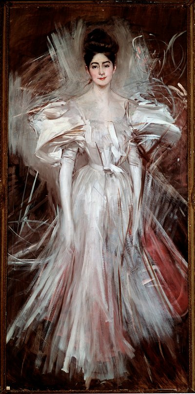 Junge Frau in weißem Satin (Feuerwerk) von Giovanni Boldini
