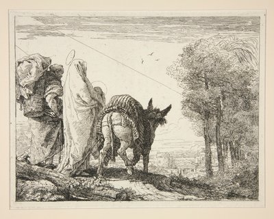 Maria hält ihr Kind in den Armen, aus der Serie Idee pittoresche sopra la fuga in Egitto von Giovanni Domenico Tiepolo